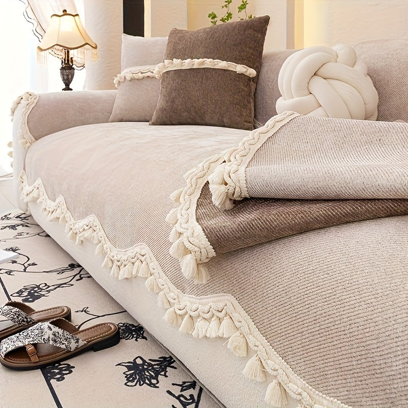 Housse de canapé en chenille en fils teints à volants, gros plan sur le tissu