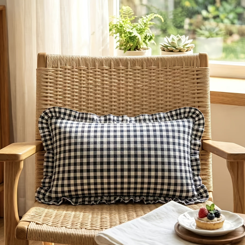 Housse de coussin en coton en fils teints, gros plan sur le tissu
