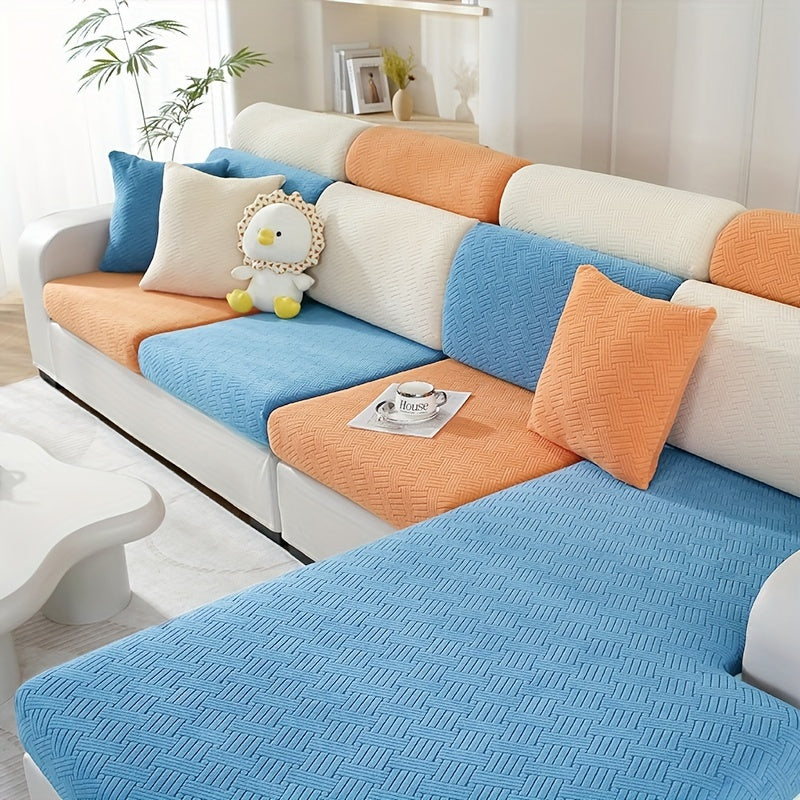 Housse de canapé épaisse extensible en polaire jacquard anti-griffes, détail de la finition