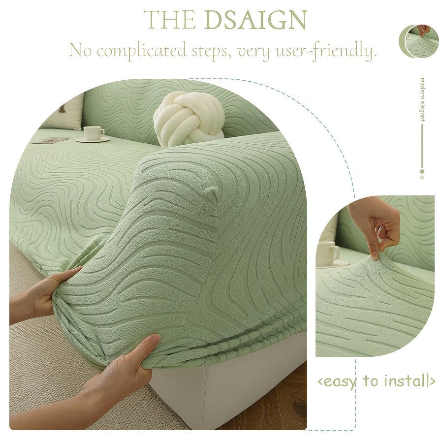 Housse de canapé extensible en polaire à motif vagues, détail de l'ourlet