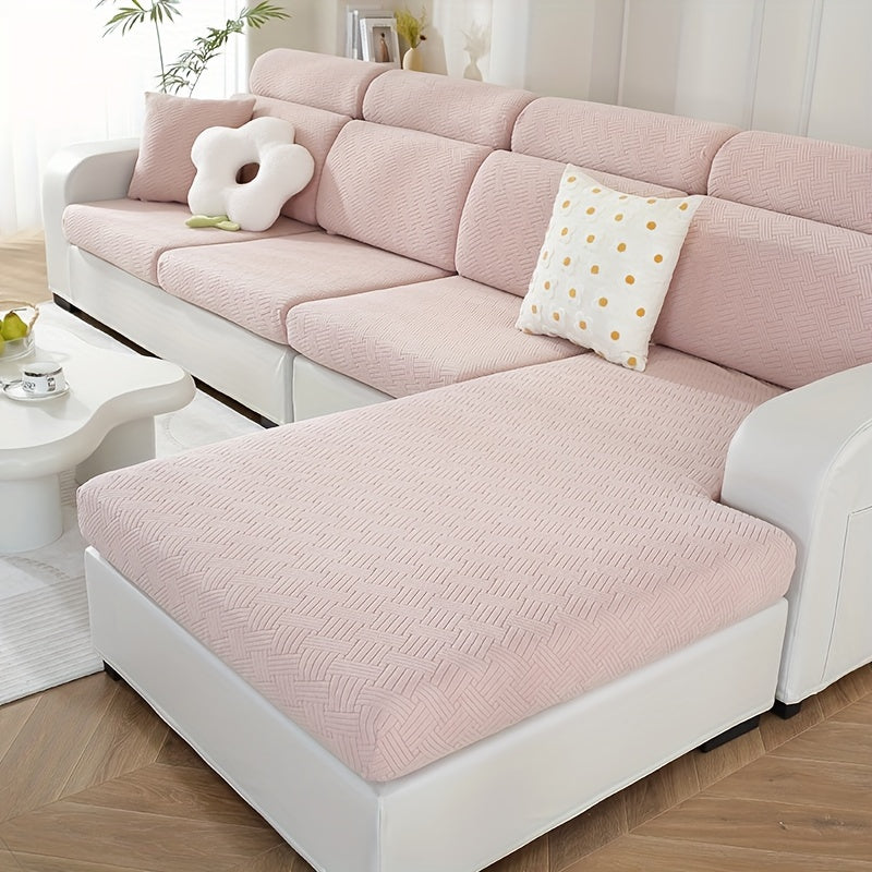 Housse de canapé épaisse extensible en polaire jacquard anti-griffes, mise en situation