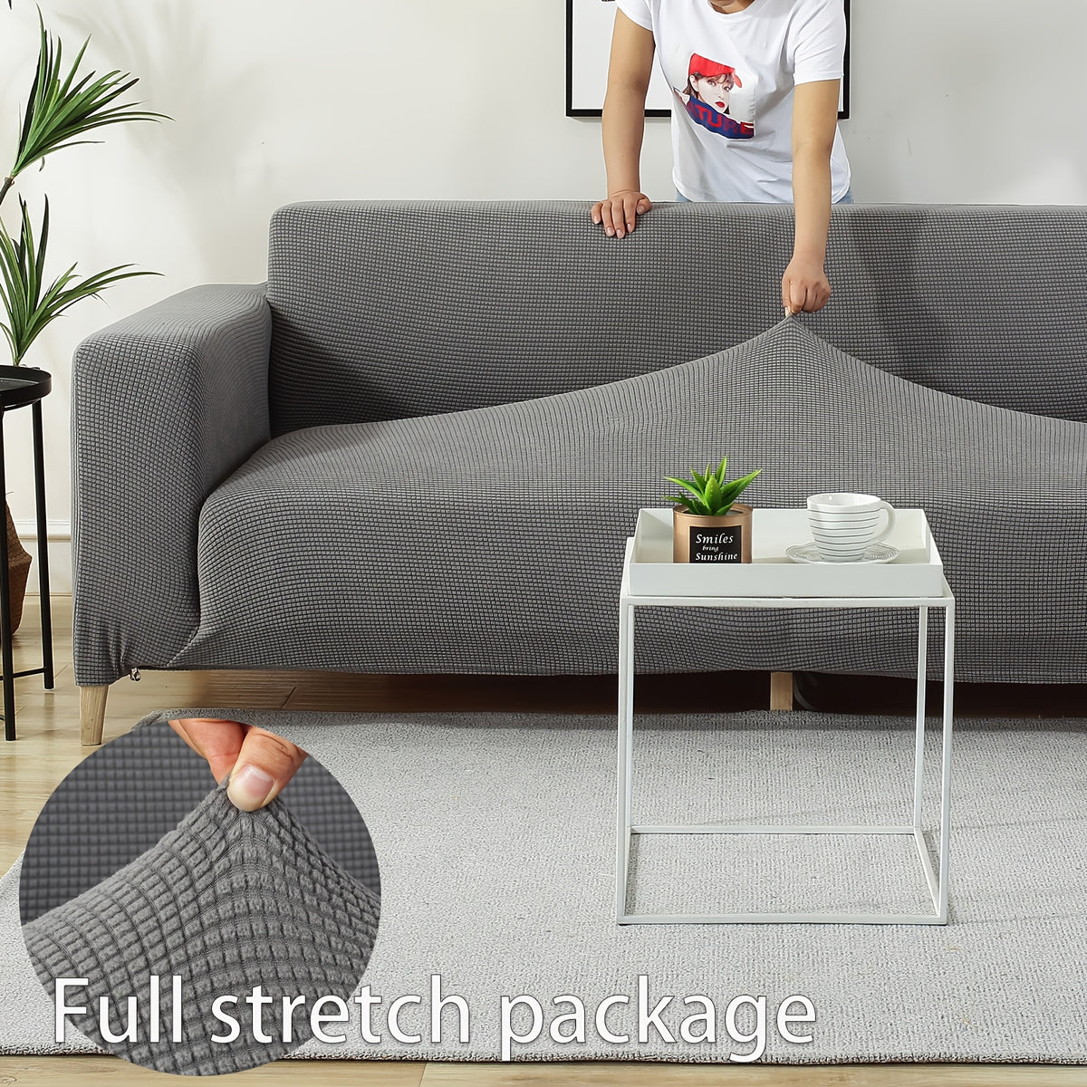 Housse de canapé extensible en polaire jacquard à maille gaufrée anti-griffes, vue d'ensemble
