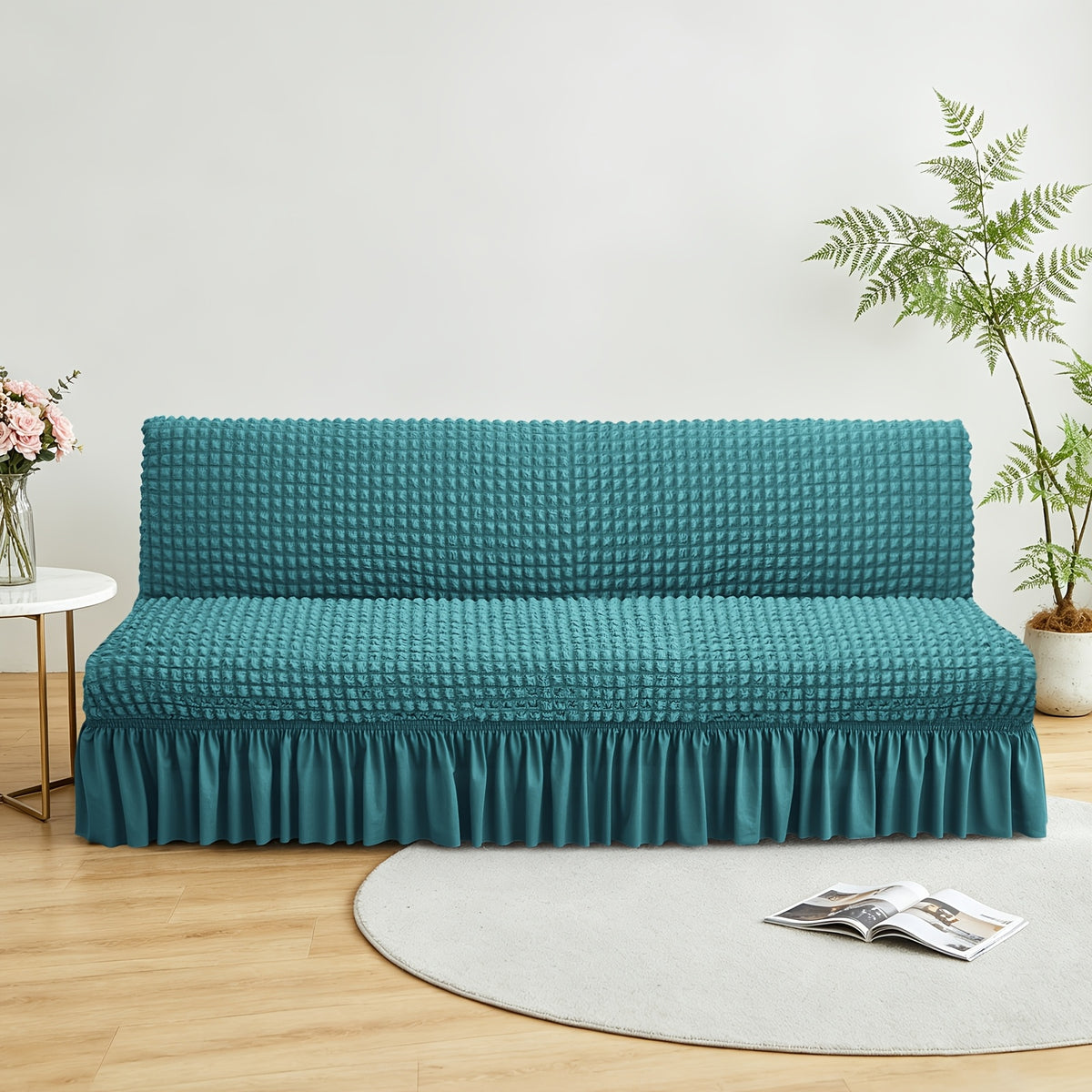 Housse de canapé extensible en jacquard à volants, vue d'ensemble