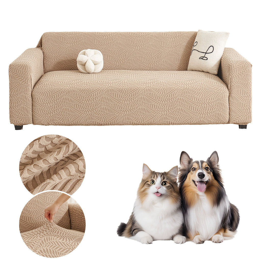 Housse de canapé extensible en polaire jacquard à motif feuillage, gros plan sur le tissu