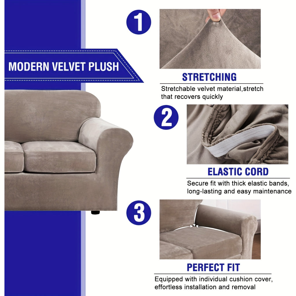 Housse de canapé extensible en velours matelassée antidérapante, détail de l'ourlet