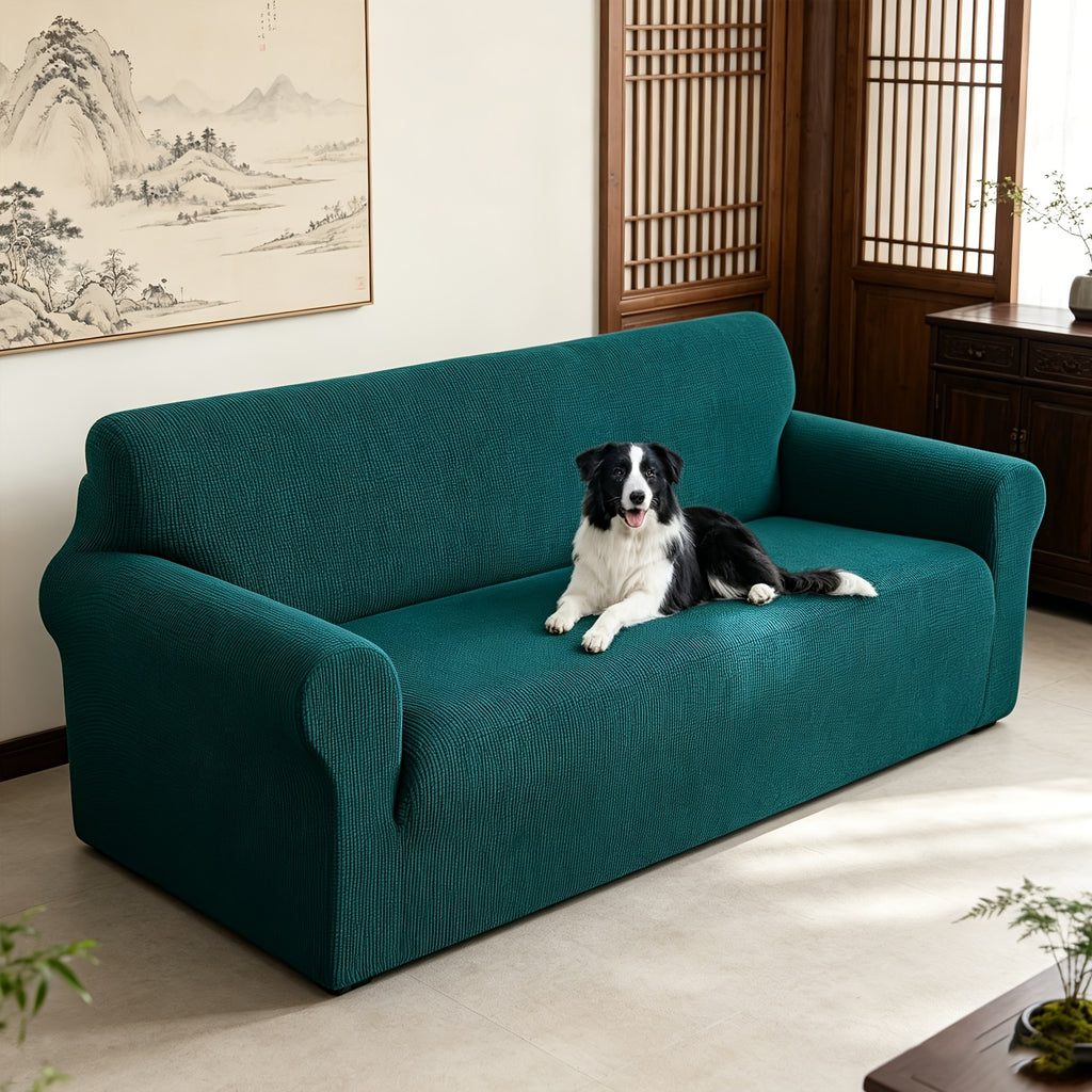 Housse de canapé extensible en polaire jacquard à rayures, vue de dos