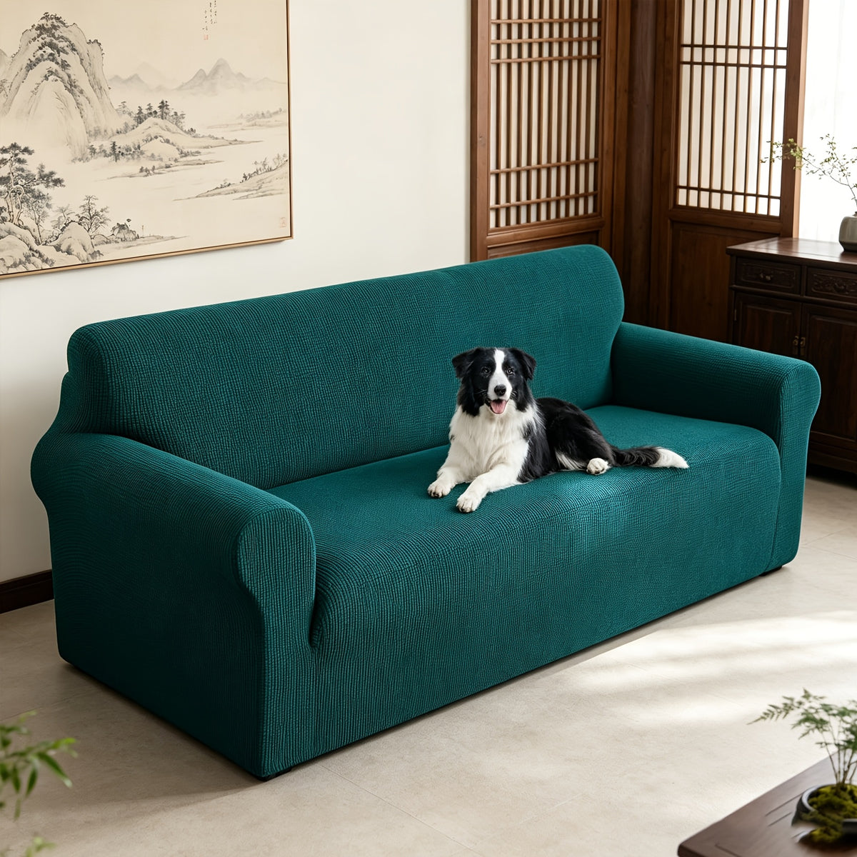 Housse de canapé extensible en polaire jacquard à rayures, vue de dos