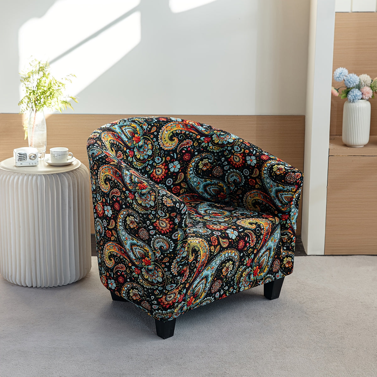 Housse de canapé extensible en fibre de lait imprimée d'esprit vintage, gros plan sur le tissu