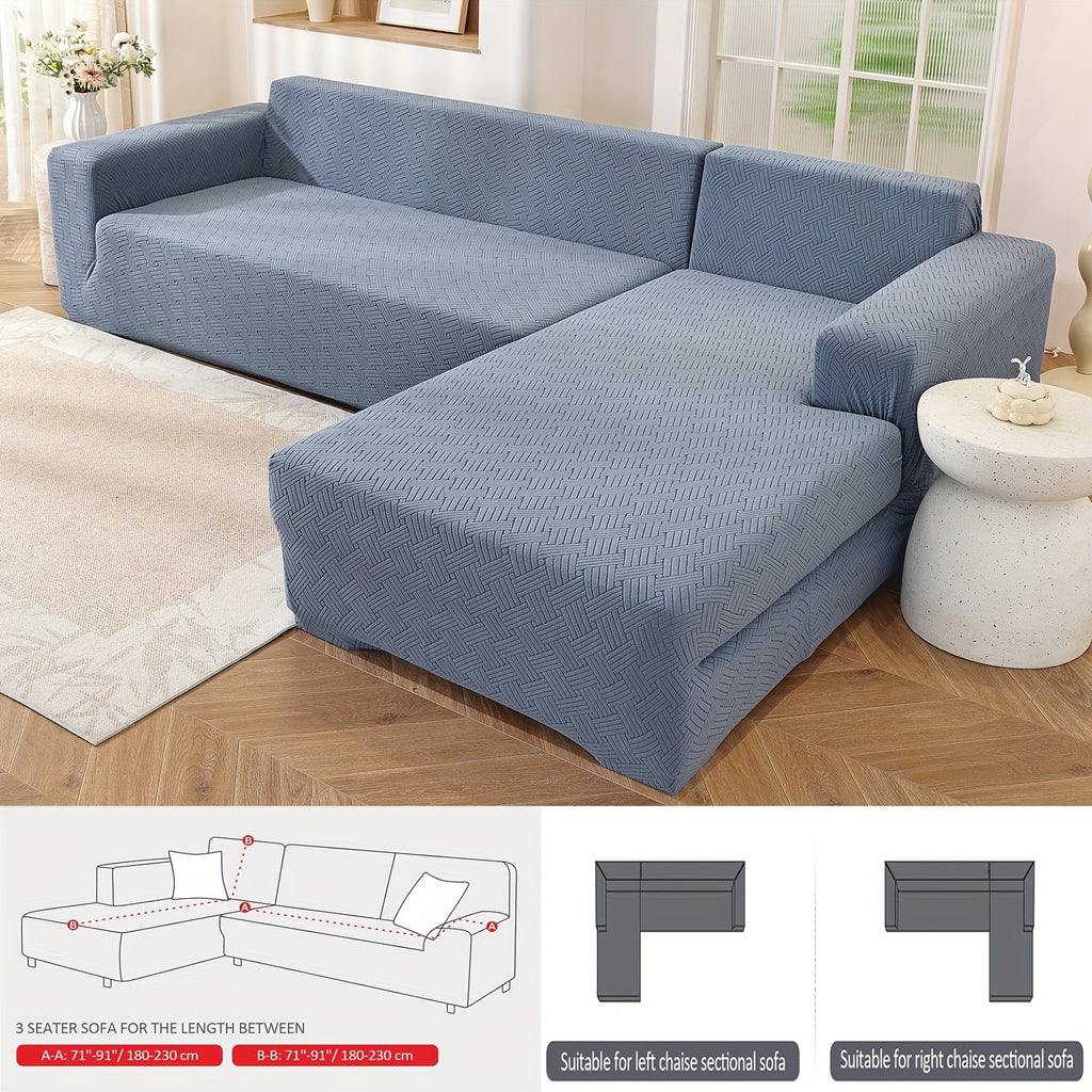 Housse de canapé extensible en polaire jacquard pour canapé d'angle, mise en situation