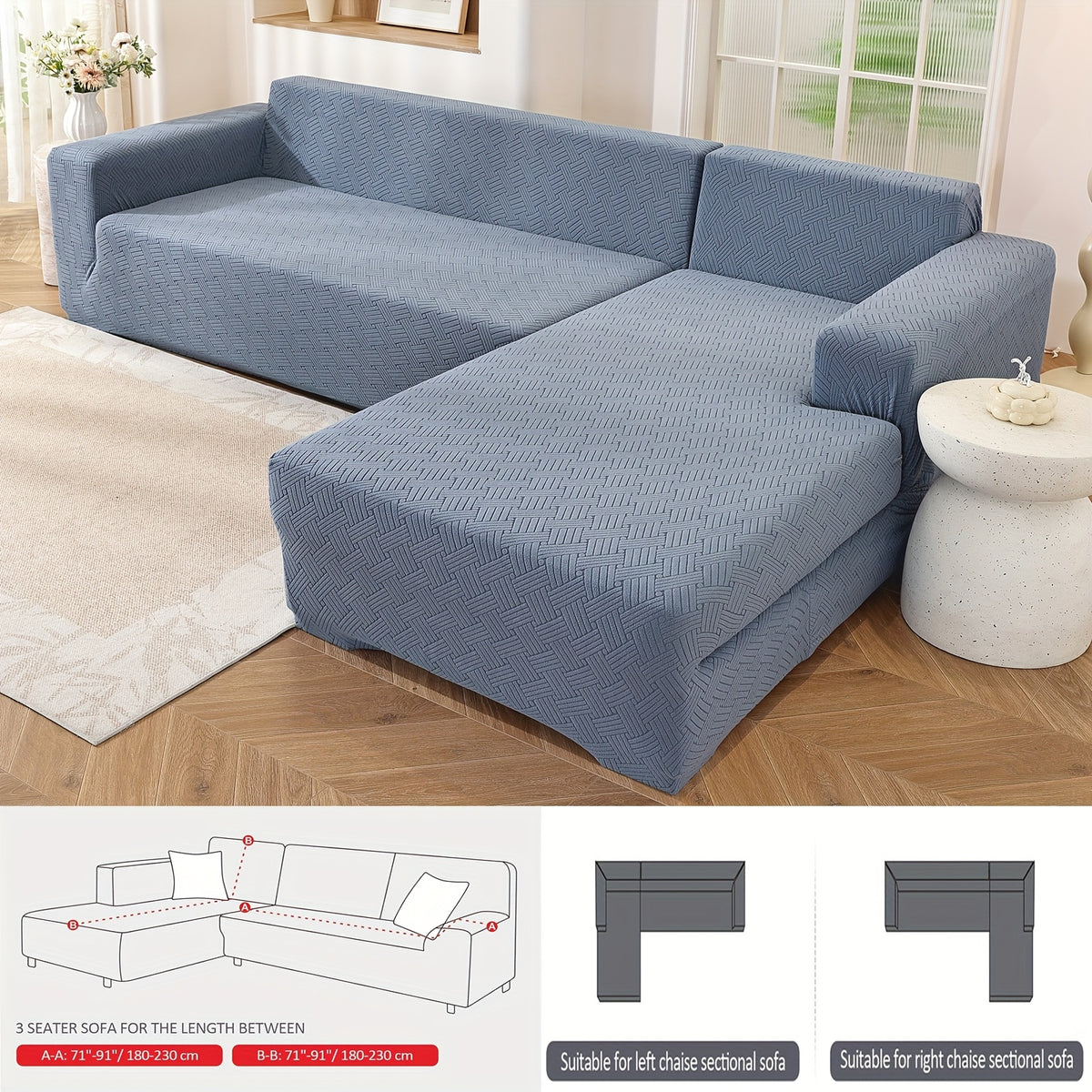 Housse de canapé extensible en polaire jacquard pour canapé d'angle, mise en situation