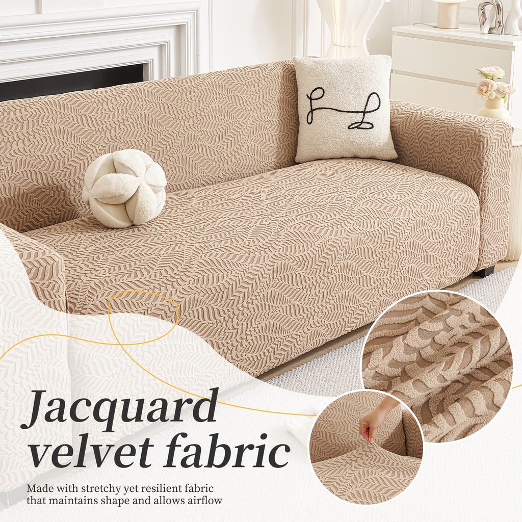 Housse de canapé extensible en polaire jacquard à motif feuillage, détail de l'ourlet