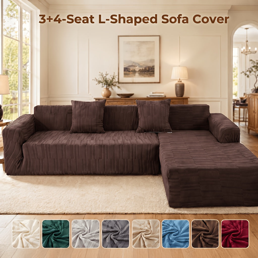 Housse de canapé extensible en peluche jacquard à rayures, housse posée