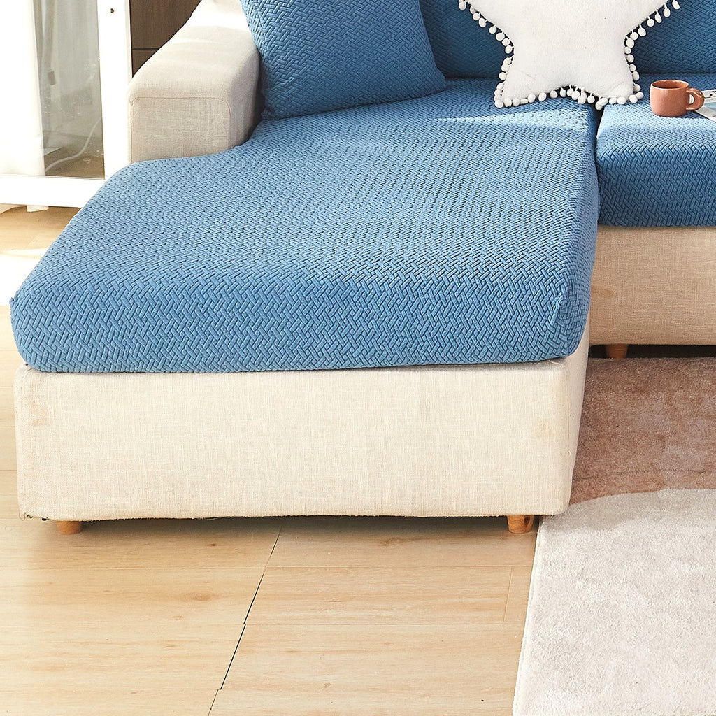 Housse de coussin extensible en polaire jacquard, détail de la finition