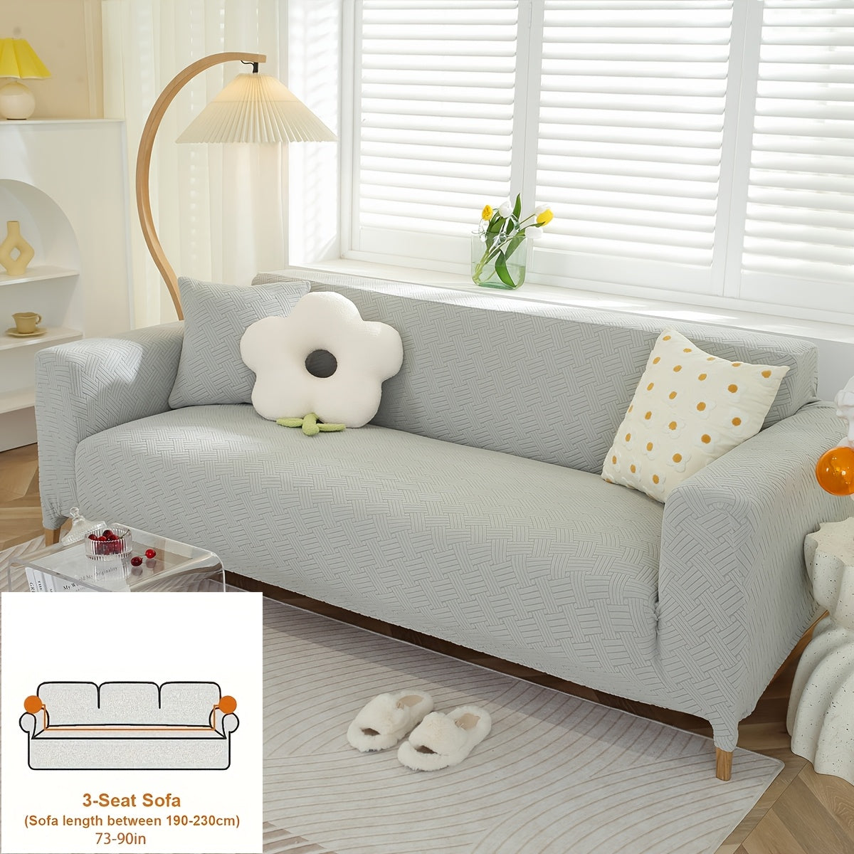 Housse de canapé épaisse extensible en polaire jacquard d'esprit vintage, détail de l'ourlet