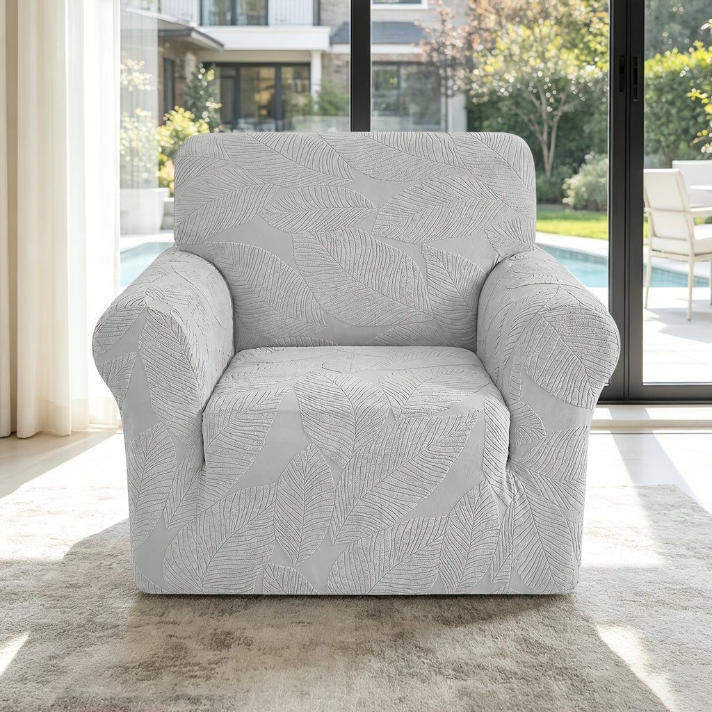 Housse de canapé extensible en polaire jacquard à motif feuillage, mise en situation