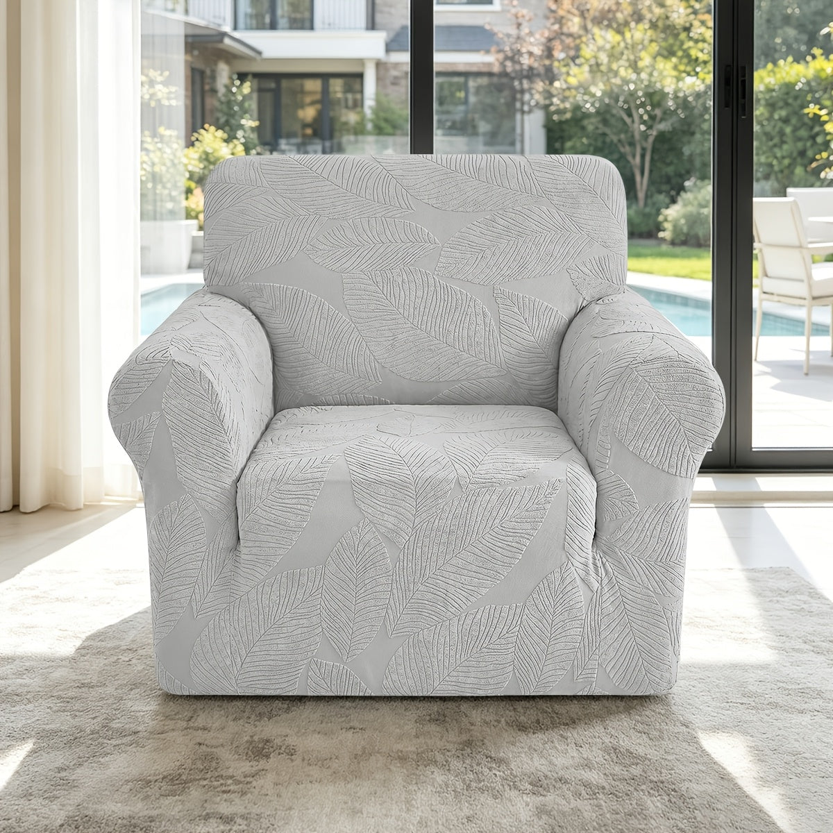 Housse de canapé extensible en polaire jacquard à motif feuillage, mise en situation