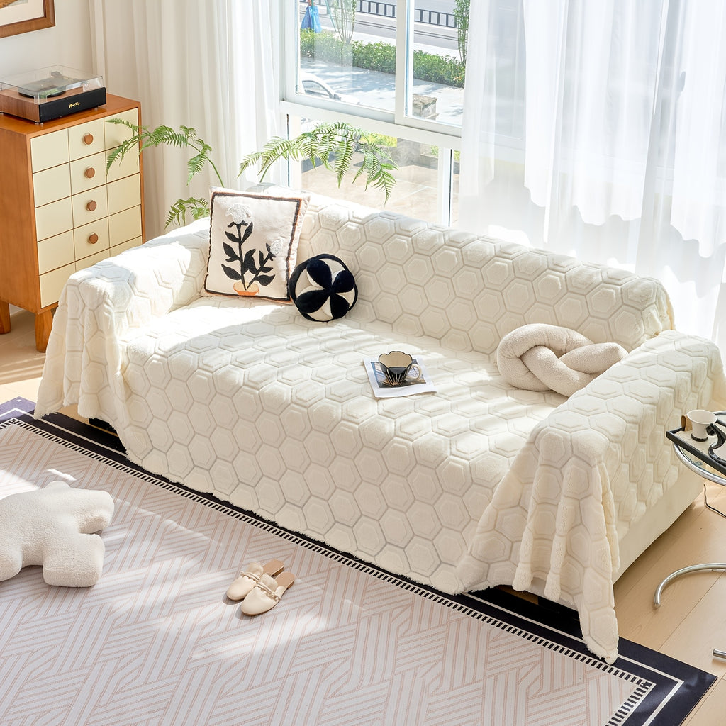 Housse de canapé épaisse en velours jacquard à motif géométrique, gros plan sur le tissu