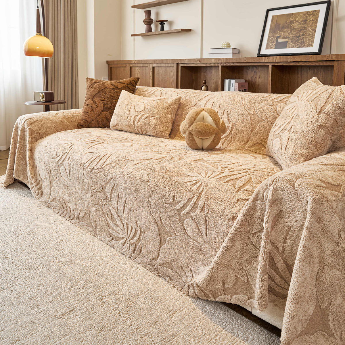 Housse de canapé en jacquard à motif feuillage antidérapante — détail de la matière : jacquard