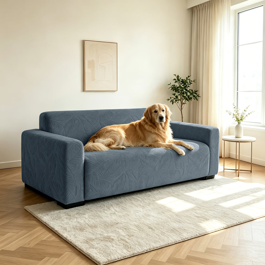 Housse de canapé extensible en polaire jacquard à motif feuillage, vue d'ensemble
