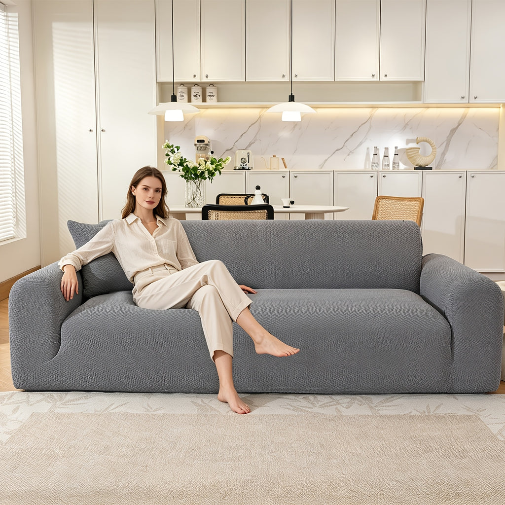 Housse de canapé extensible en polaire jacquard antidérapante, vue d'ensemble