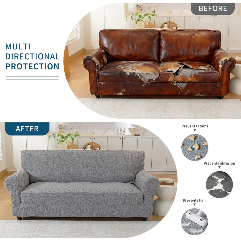 Housse de canapé extensible en polaire jacquard à rayures — détail de la matière : polaire