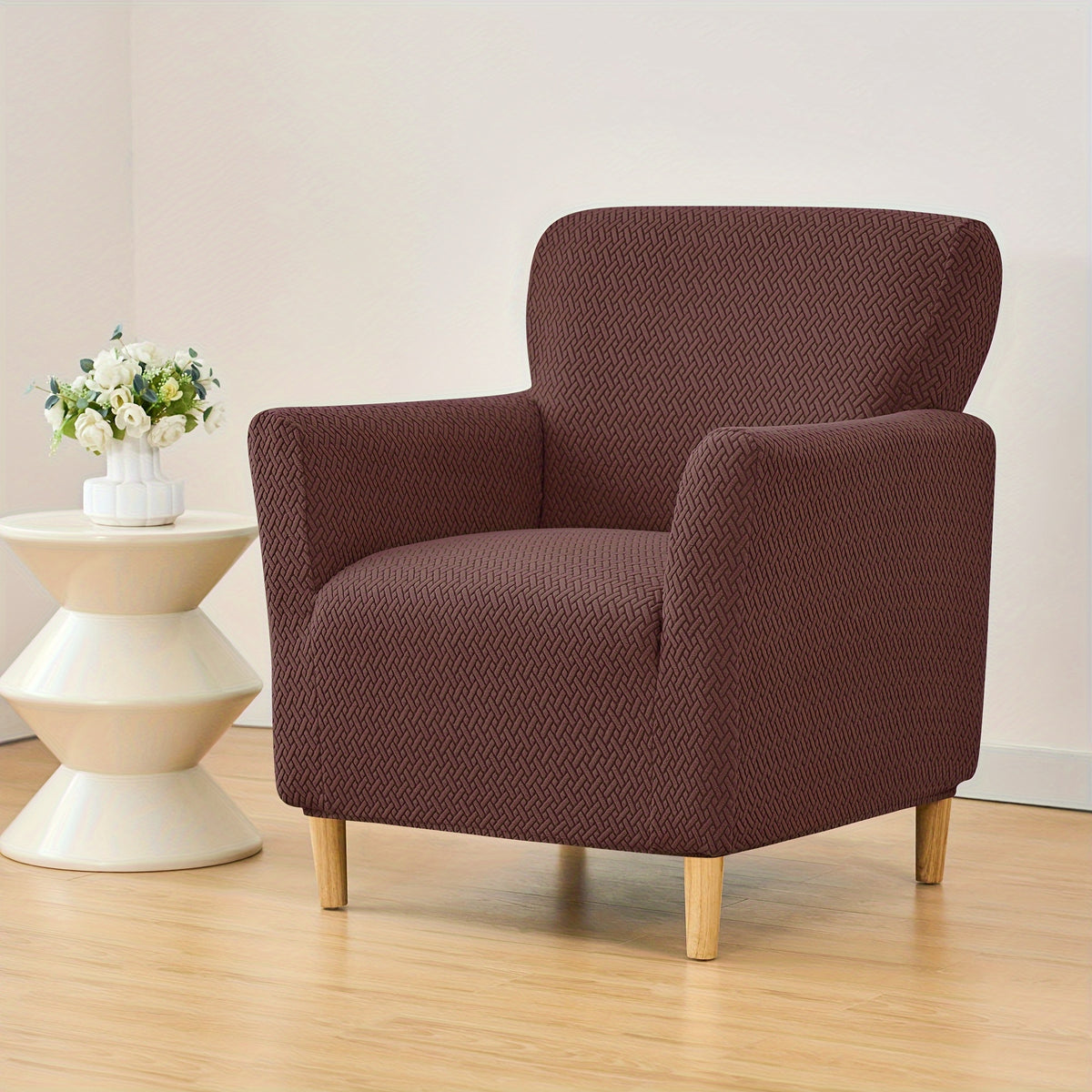 Housse de fauteuil extensible en polaire jacquard pour fauteuil, mise en situation