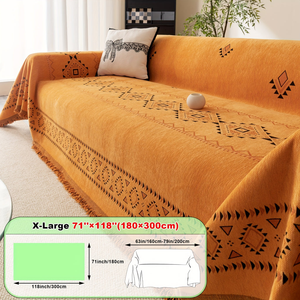 Housse de canapé épaisse en chenille jacquard d'esprit bohème, gros plan sur le tissu