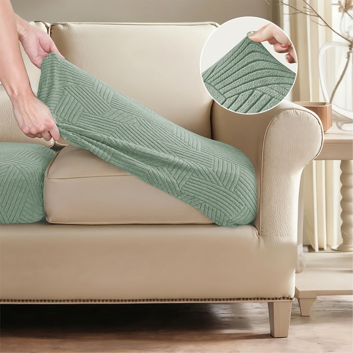 Housse de canapé extensible en polaire jacquard à motif géométrique, visuel produit