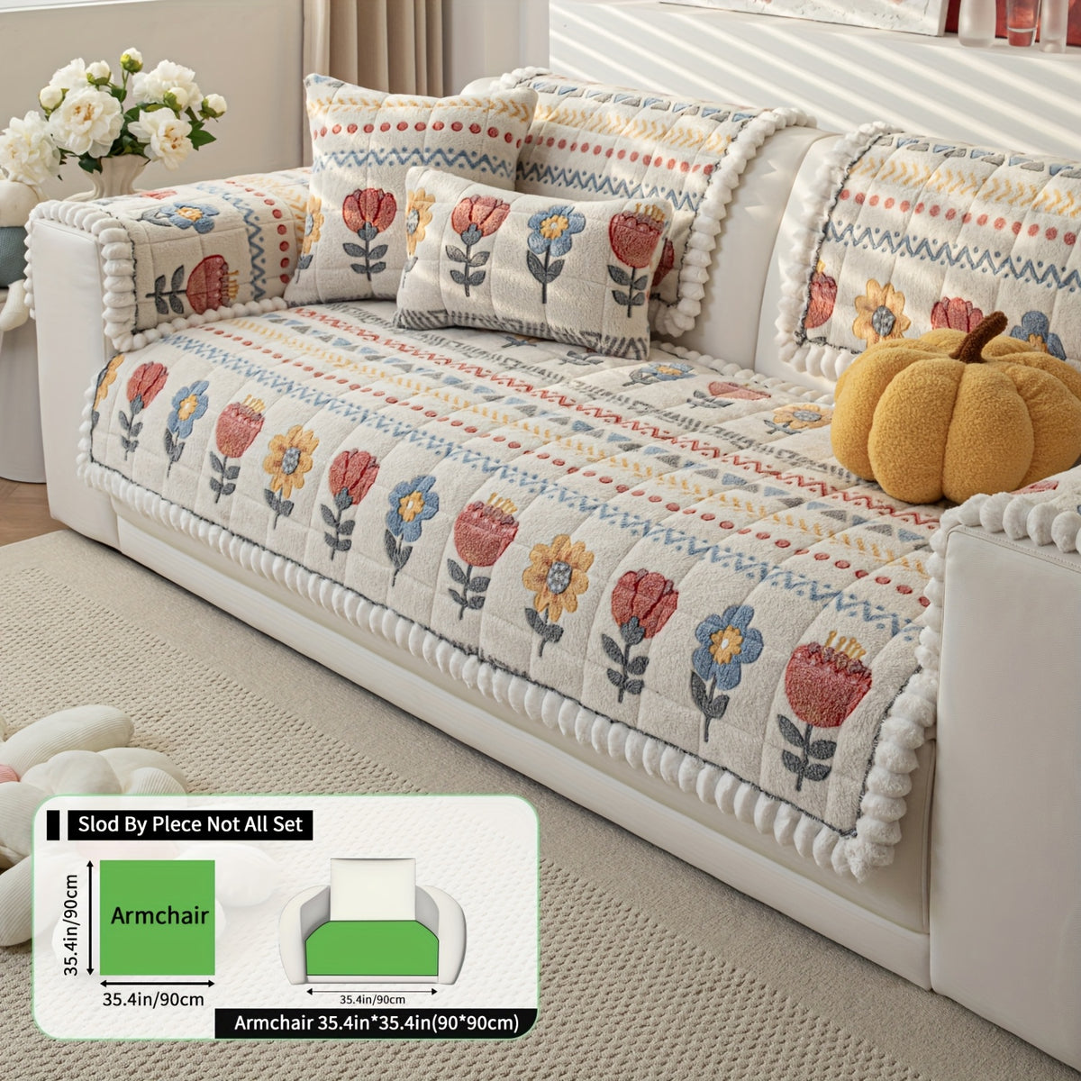 Housse de coussin en peluche à motif fleuri antidérapante, mise en situation