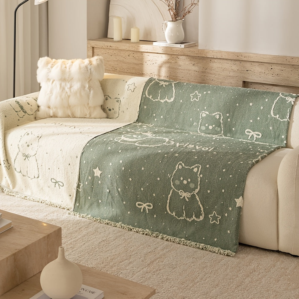 Housse de canapé en chenille jacquard à motif bohème à volants, vue de dos