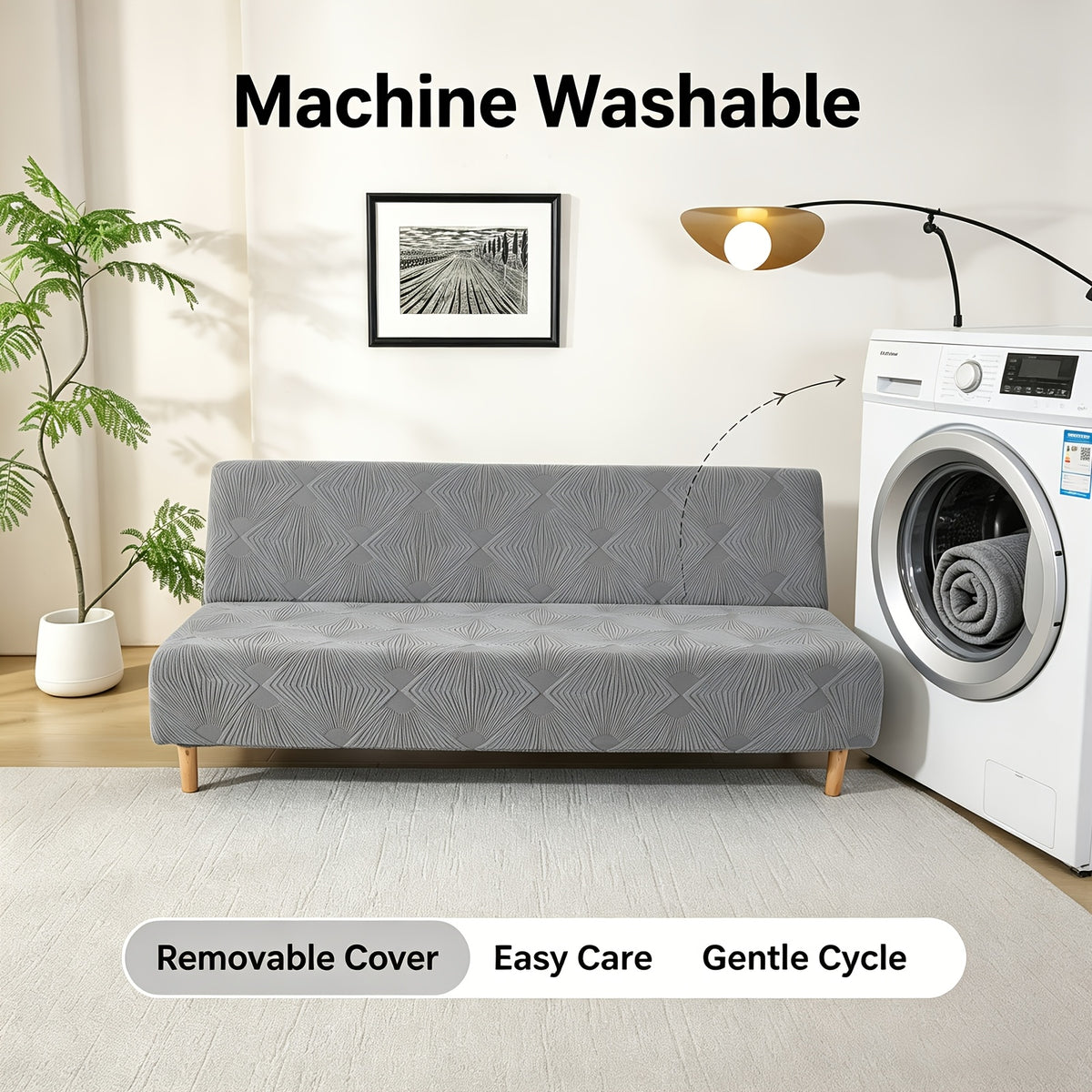 Housse de canapé extensible en polaire jacquard anti-griffes, mise en situation