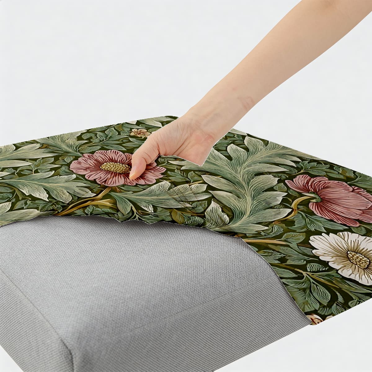 Housse de canapé en fibre de lait imprimée à motif feuillage, détail de la finition