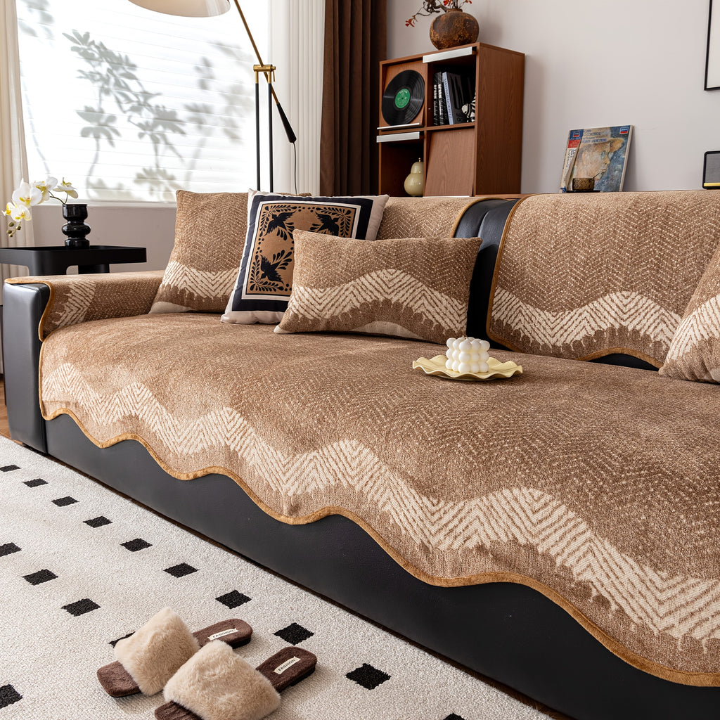 Housse de coussin en chenille à rayures antidérapante, mise en situation