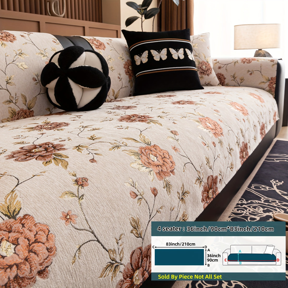 Housse de canapé en chenille jacquard à motif pivoine antidérapante, vue d'ensemble