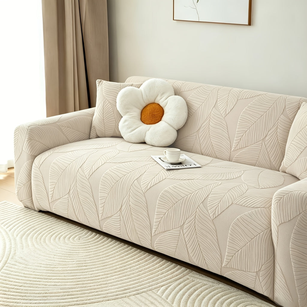 Housse de canapé extensible en polaire jacquard à motif feuillage, mise en situation