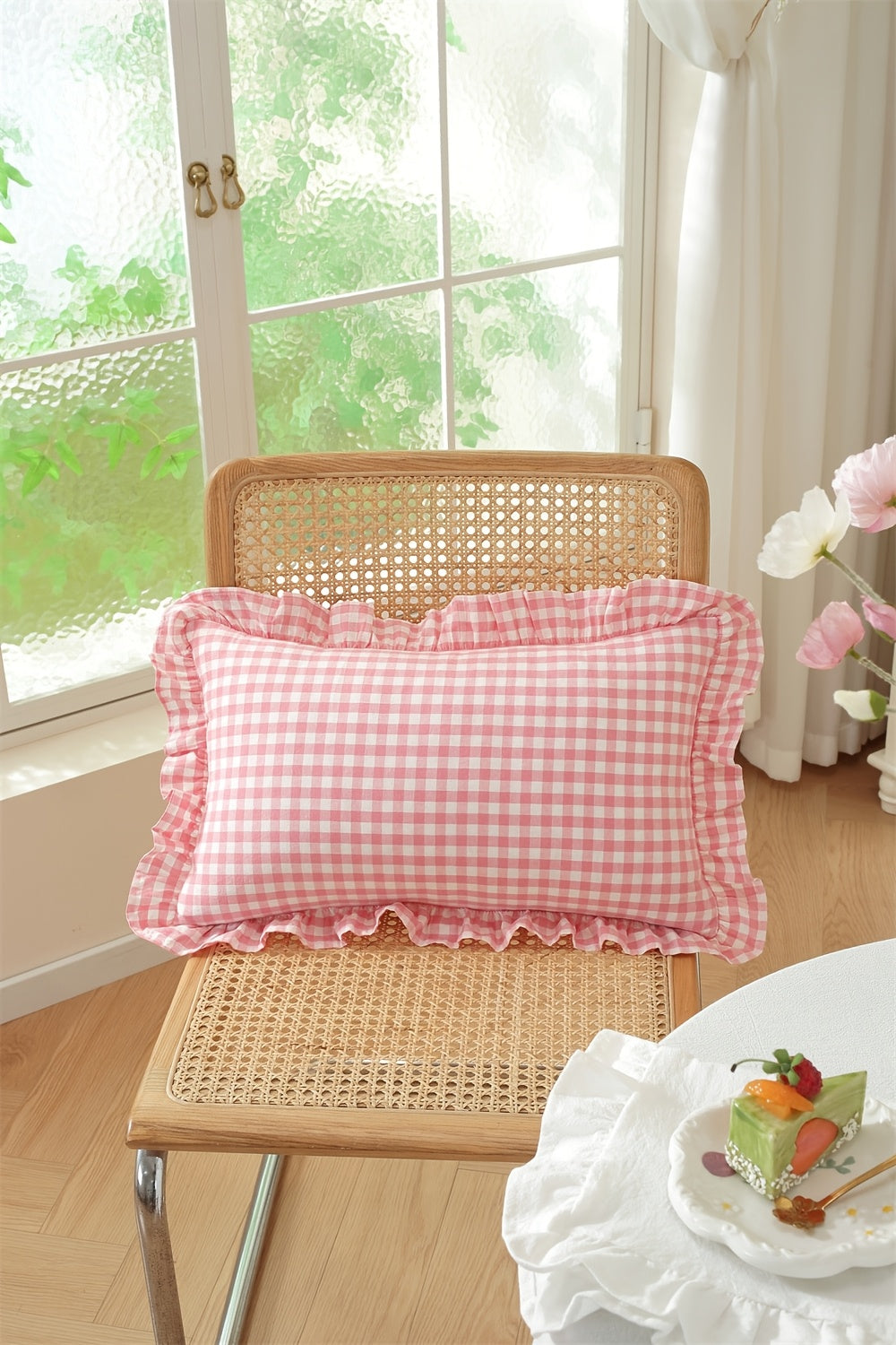 Housse de coussin en coton en fils teints, gros plan sur le tissu