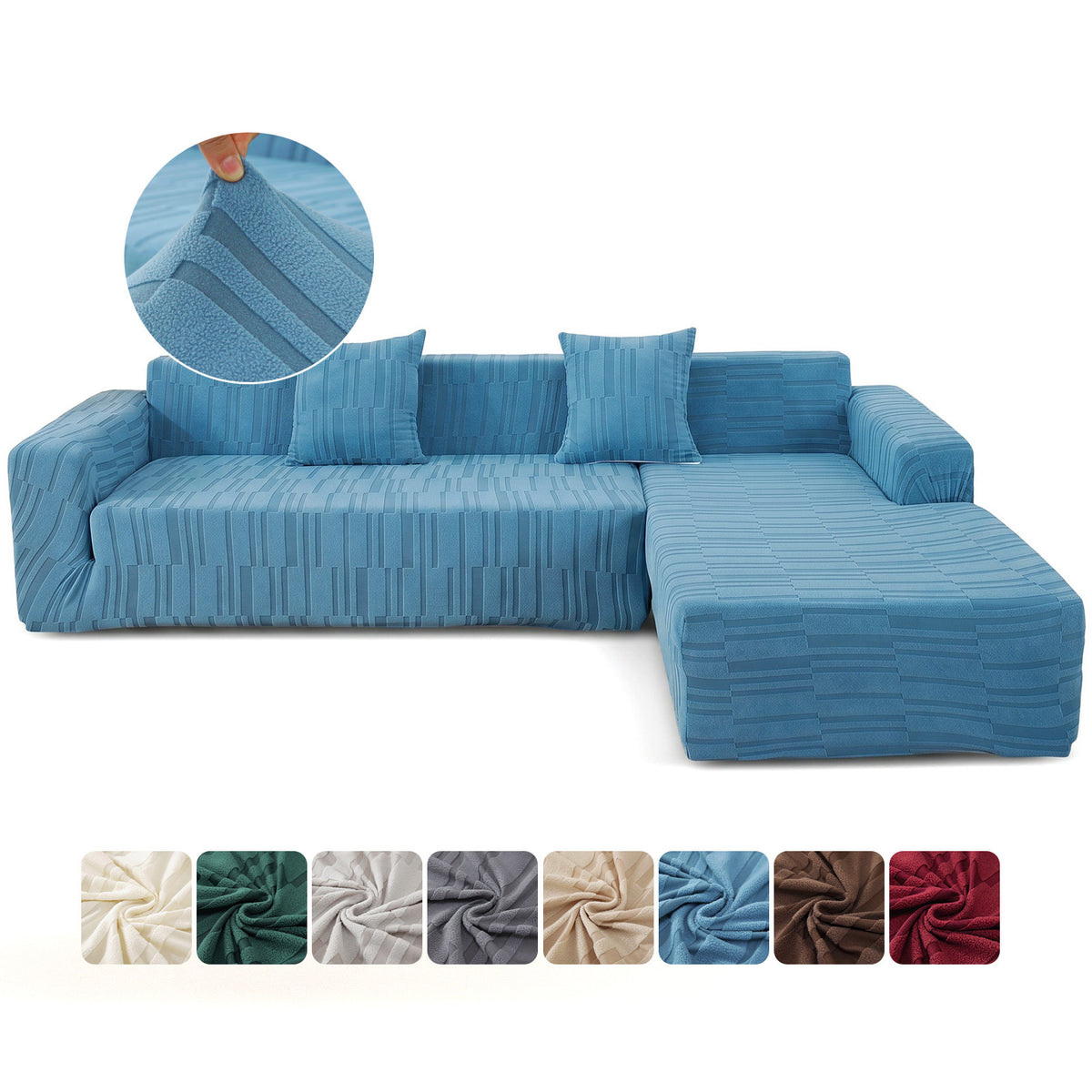 Housse de canapé extensible en peluche jacquard à rayures, mise en situation