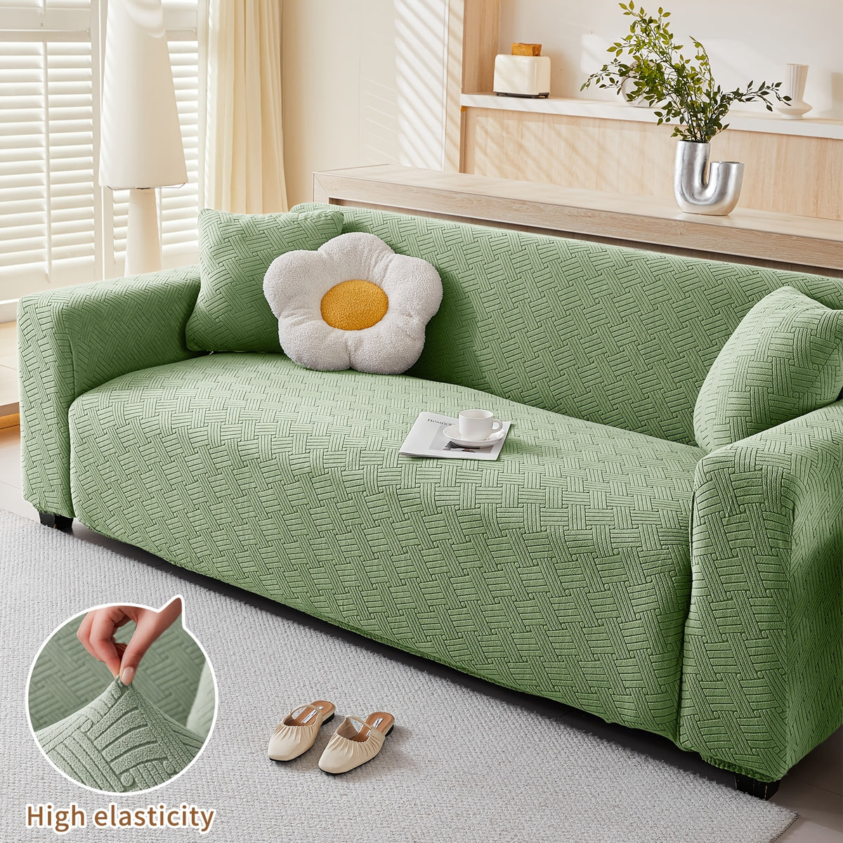 Housse de canapé épaisse extensible en polaire jacquard, vue de dos
