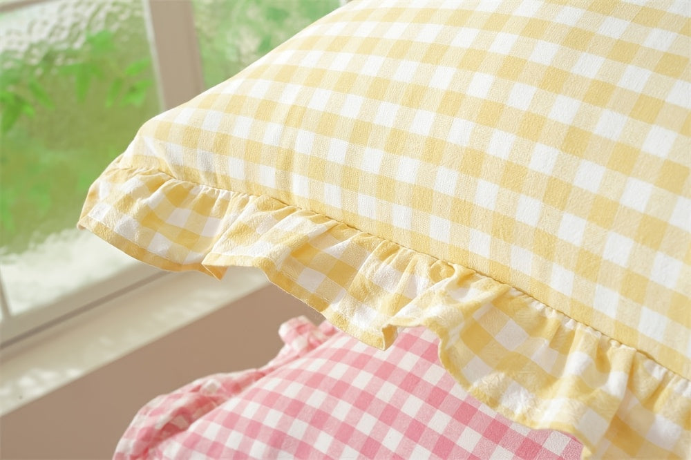 Housse de coussin en coton en fils teints, détail de la finition