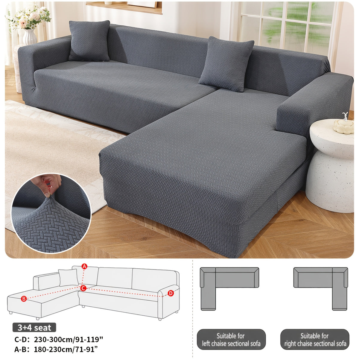 Housse de canapé épaisse extensible en polaire jacquard d'esprit vintage, détail de l'ourlet