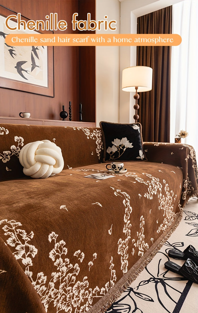 Housse de canapé en chenille antidérapante d'esprit vintage — détail de la matière : chenille