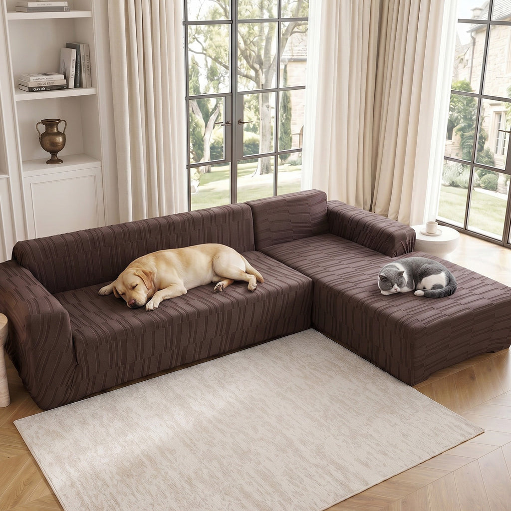 Housse de canapé extensible en peluche jacquard à rayures, vue de dos