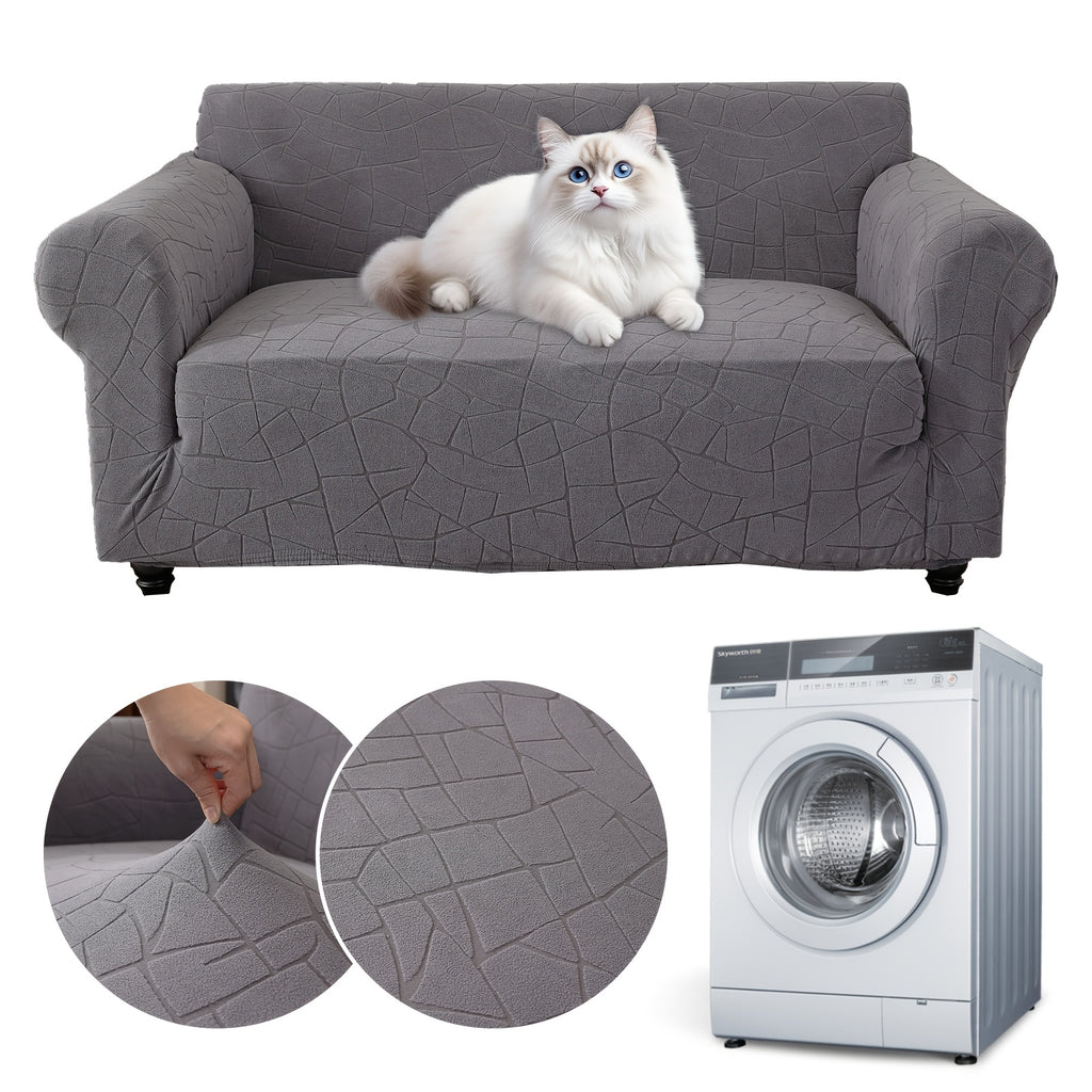Housse de canapé extensible en polaire jacquard à motif géométrique à housses, détail de l'ourlet