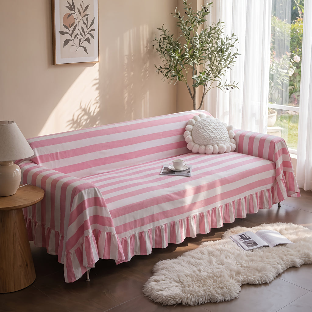 Housse de canapé en polyester en fils teints à rayures à volants, vue de dos