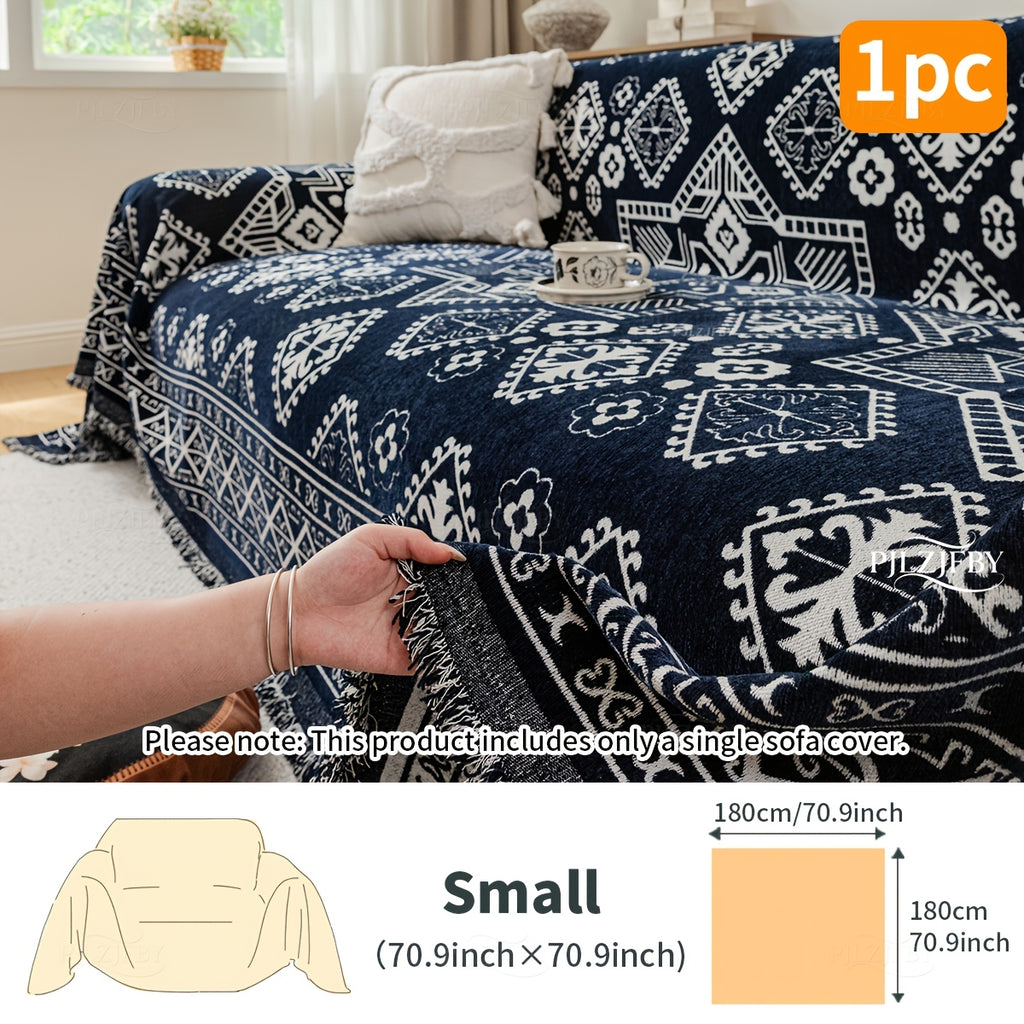 Housse de canapé en chenille en fils teints à motif bohème, visuel produit