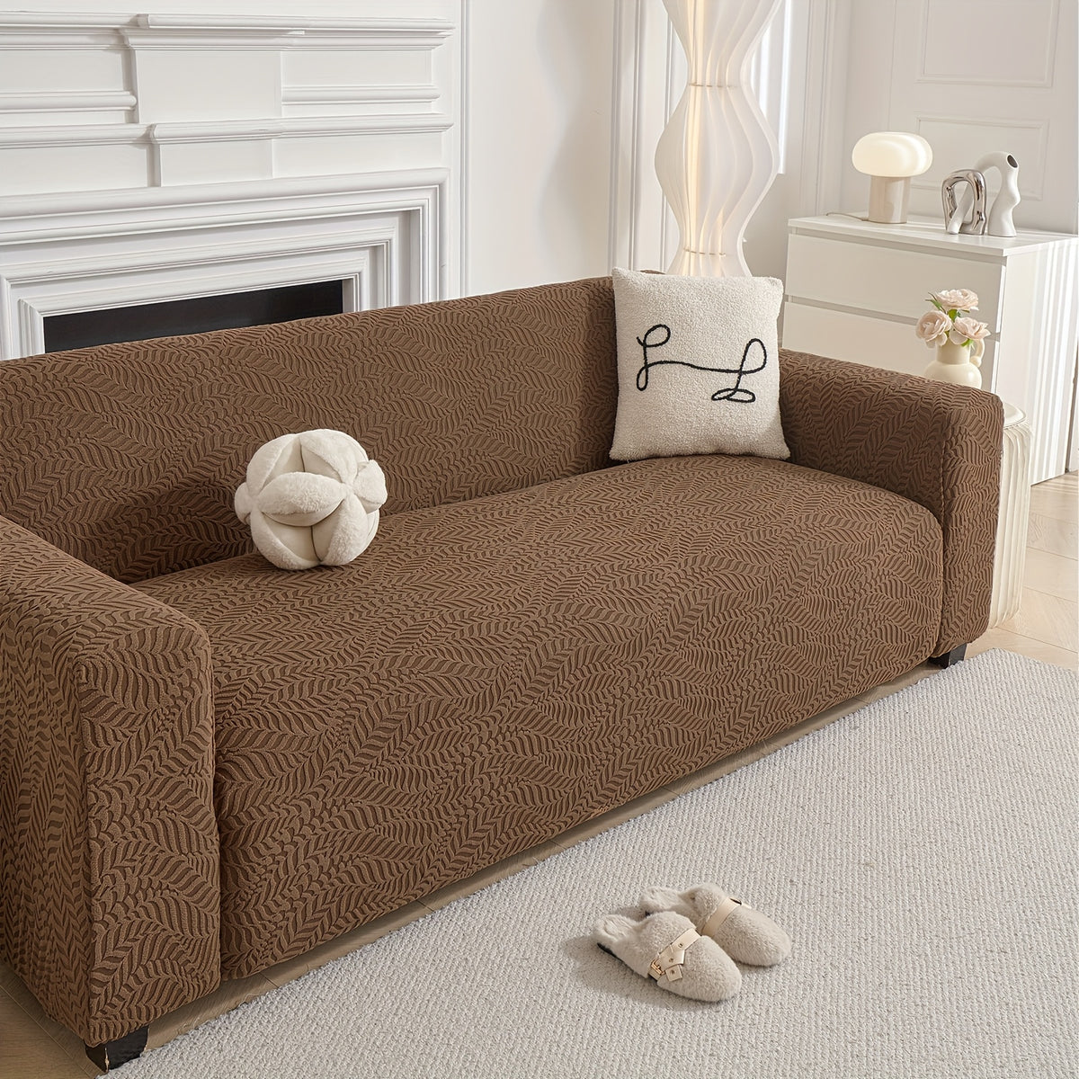 Housse de canapé épaisse extensible en polaire jacquard anti-griffes, gros plan sur le tissu