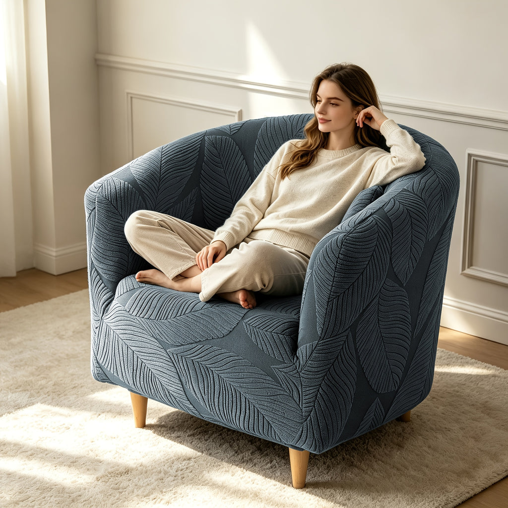 Housse de canapé extensible en polaire jacquard à motif feuillage, mise en situation