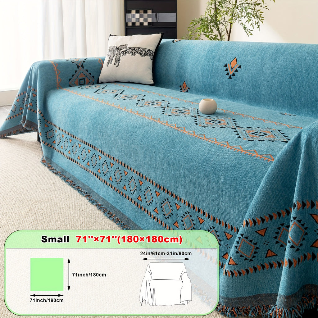 Housse de canapé épaisse en chenille jacquard d'esprit bohème, gros plan sur le tissu
