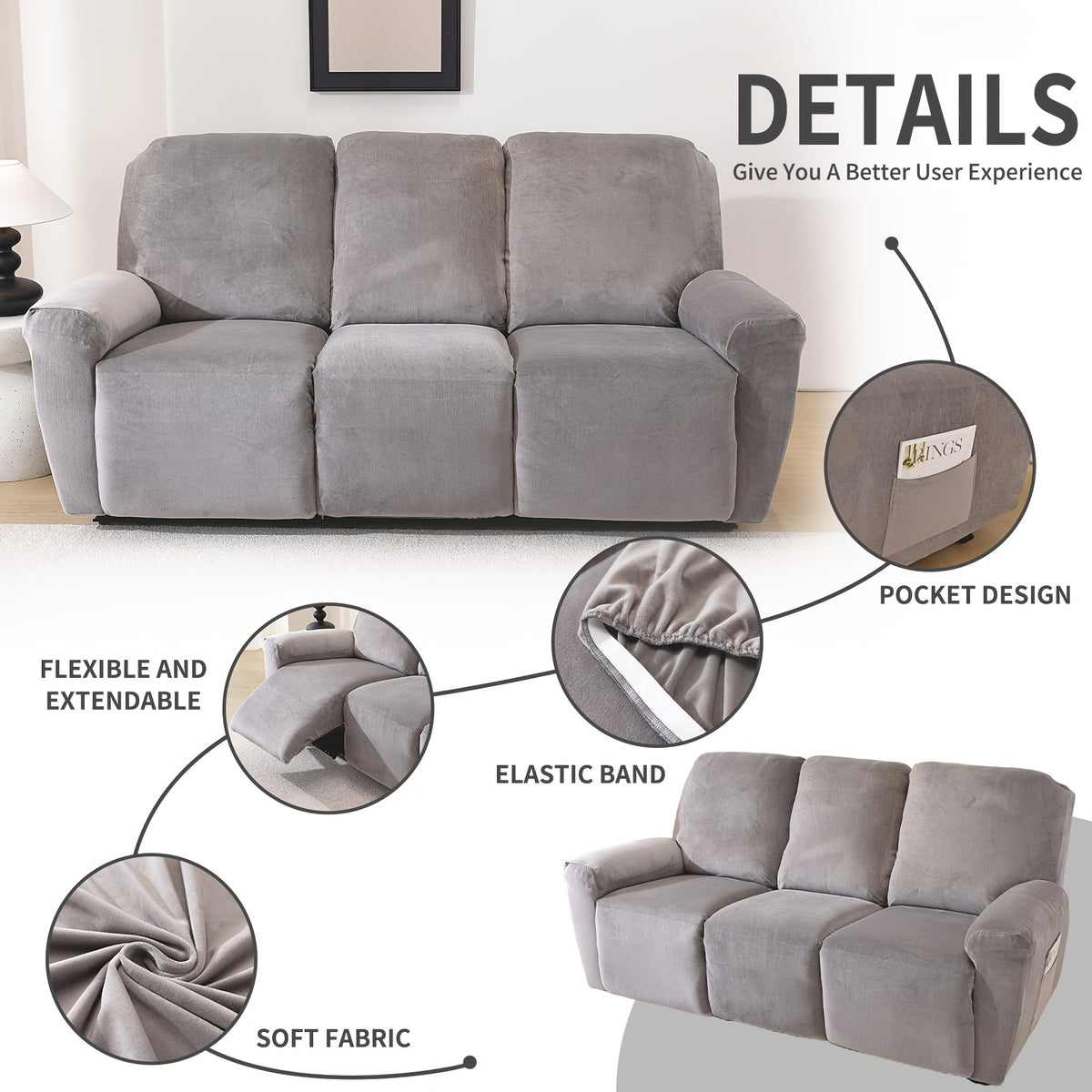 Housse de canapé extensible en velours à housses séparées, vue de dos