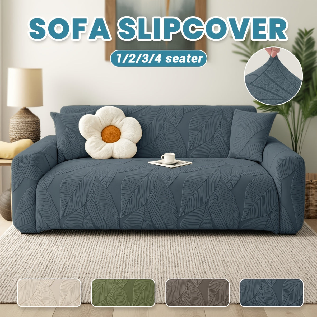 Housse de canapé extensible en polaire jacquard à motif feuillage — détail de la matière : polaire